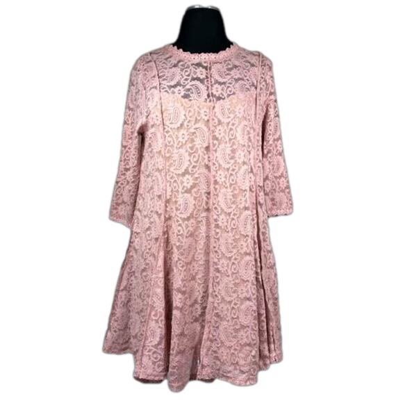 Umgee Pink Mauve Lace Overlay Mini Dress Stretchy Fit & Flare Size M Feminine - Picture 1 of 16
